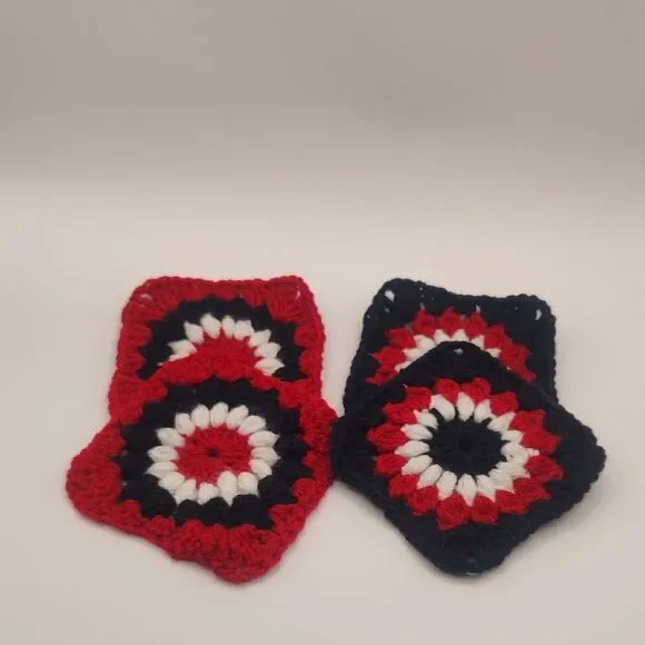 Handmade Crochet Red, White & Blue Acrylic Granny Square Patriotic Coasters - Picture 1 of 7